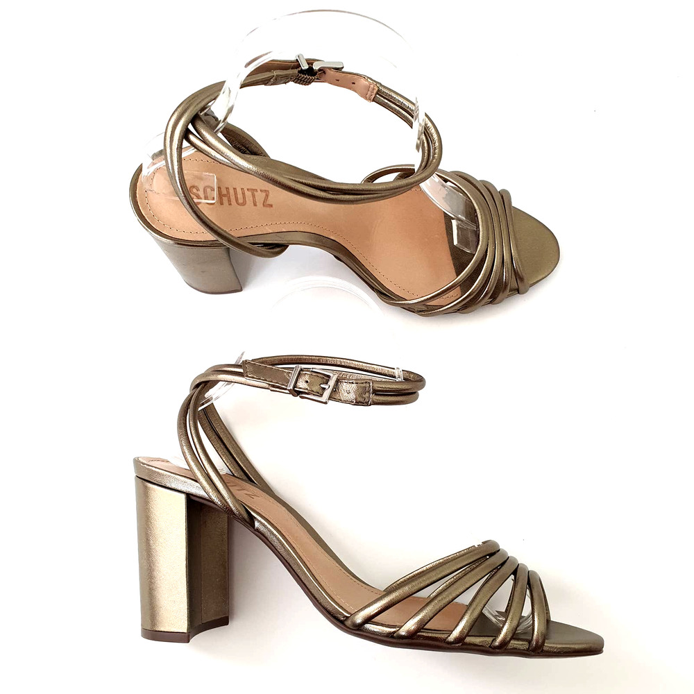 Schutz Nicolai Metallic Ankle Strap Block Heel Sandals Women's Size 9.5